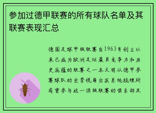 参加过德甲联赛的所有球队名单及其联赛表现汇总